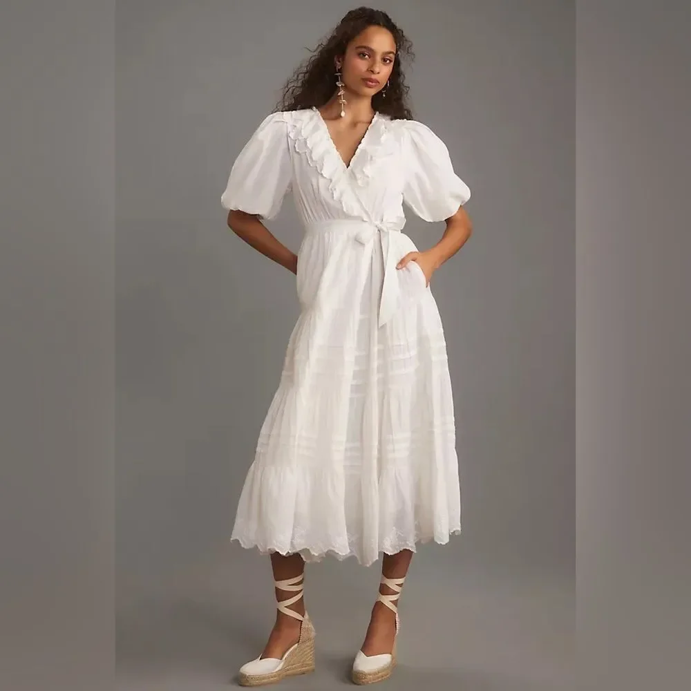 Anthropologie Love the Label XL NWT Short-Sleeve Ruffled Tiered Wrap Maxi Dress